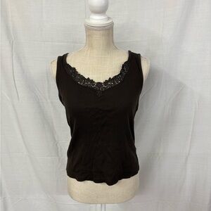 Y2K 90s Lauren Ralph Lauren Lace-Trim Brown Tank Top Ribbed Knit